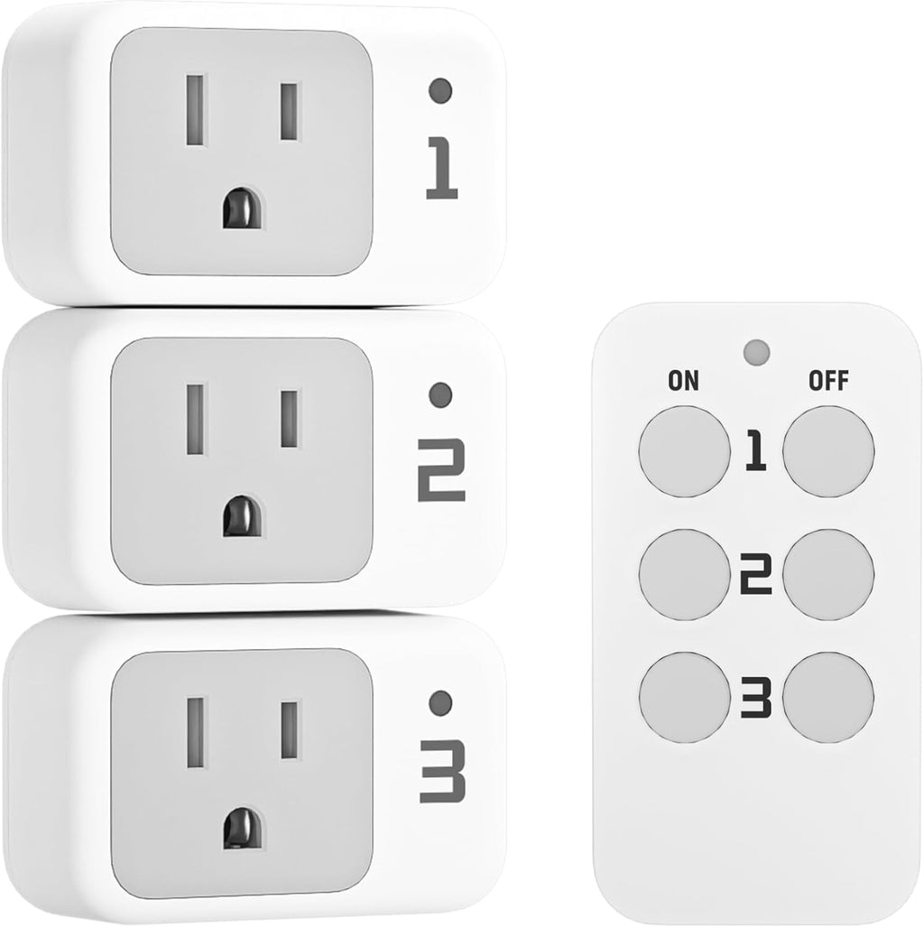 TESSAN Enchufe con Control Remoto | Interruptor de Luz Electrico | Enchufe de Pared con Encendido y Apagado para Luces de Cadena, Lamparas y Pequenos Electrodomesticos | Alcance 30 metros | 1 Control + 3 Enchufes