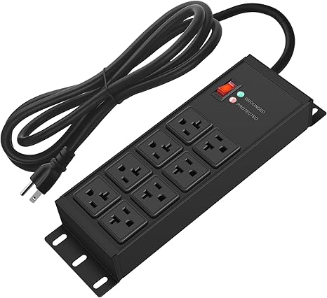 Regleta Industrial CCCEI 20 AMP con Protector de Sobretensón — 8 Tomas, Cable 10 Pies, Calibre 12, Uso Taller y Garaje