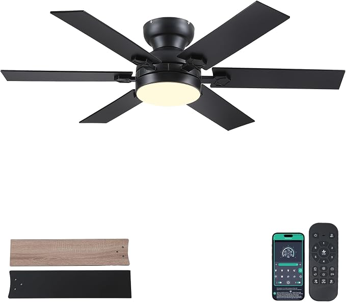 Ventilador de Techo Goniyado 52" Negro — Perfil Bajo con Luz, Control Remoto, Motor DC Silencioso y 6 Velocidades Reversibles