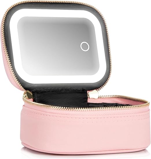 Extrei Gent Neceser de Maquillaje Pequeño Estuche de Viaje con Espejo y Luz Mini Estuche de Viaje para Maquillaje Organizador de Cosméticos 3 Niveles de Brillo Ajustables Neceser Portátil para Artistas, Rosa, Pequeño, Mini