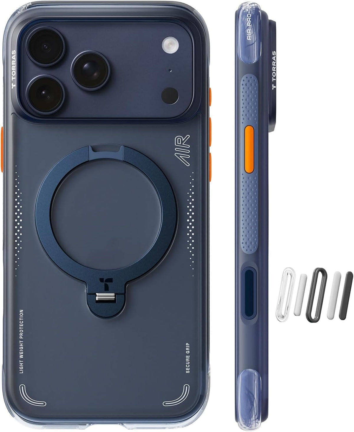 Funda TORRAS Ostand Q3 Air para iPhone 17 Pro Max con soporte magnético de 360°, compatible con MagSafe, resistente a caídas de grado militar, con botón de control de la cámara y resistente a golpes. Color azul medianoche.
