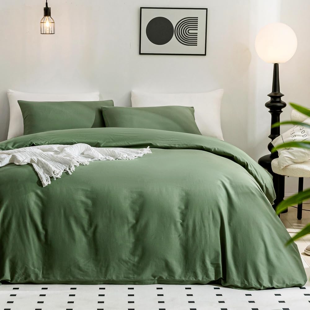 JELLYMONI Funda de Edredon Verde Queen | 100% Algodon Lavado Textura Tipo Lino | Set de 3 Piezas Transpirable con Cierre | Verde 228x228cm