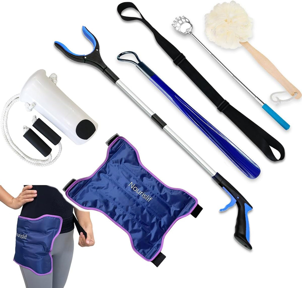 Kit de cadera Nourislif de 7 piezas - Kit de cadera para personas mayores, reemplazo total de cadera Prime, kit de reemplazo de cadera después de la cirugía, kits de cadera con bolsa de hielo para cadera, pinza, ayuda para calcetines, elevador de piernas