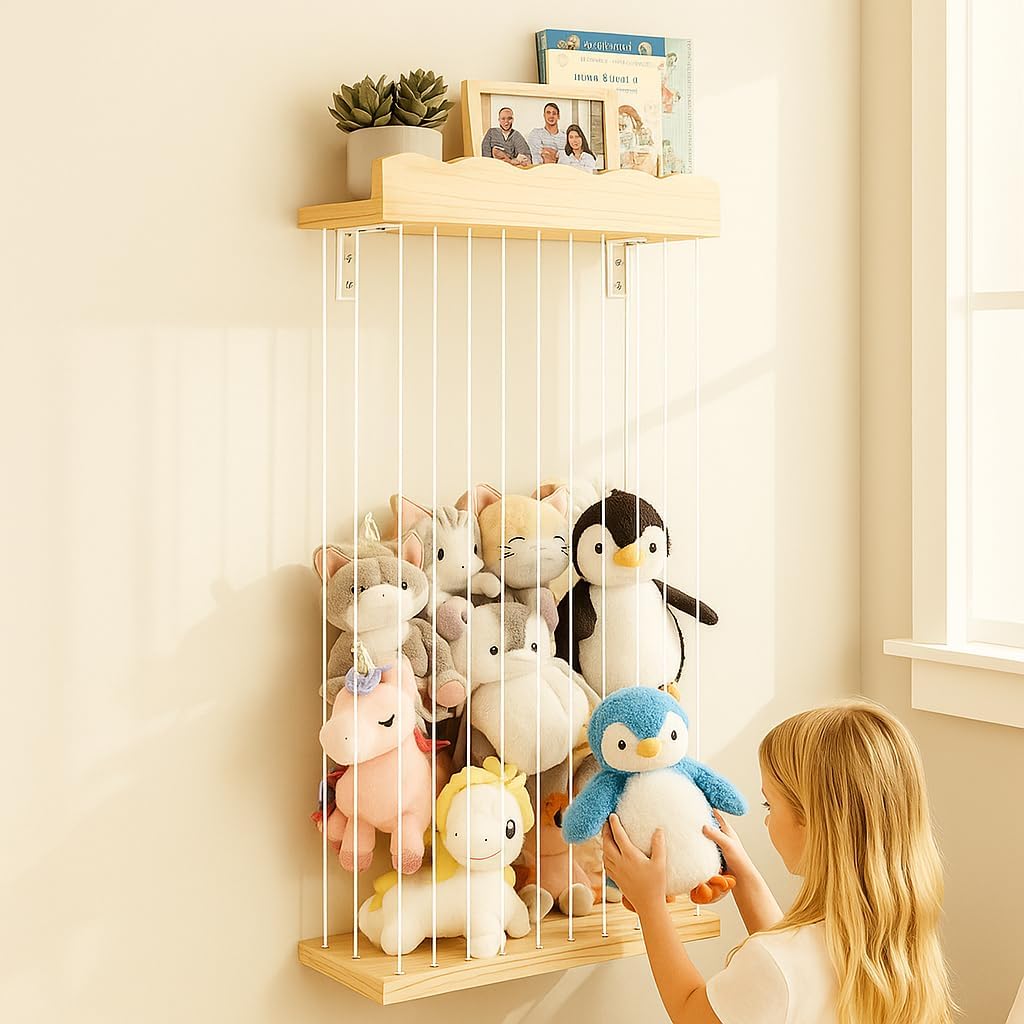 Almacenamiento ajustable para peluches con estante (patentado) - Organizador grande de madera para colgar peluches - Hamaca de esquina con red para peluches, ideal para habitación infantil, guardería y dormitorio. 