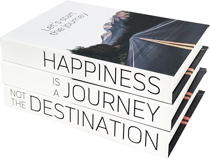 Juego de 3 libros decorativos de imitación para decoración del hogar, decoración de mesa auxiliar, libros de tapa dura para estantería, diseño de felicidad es un viaje