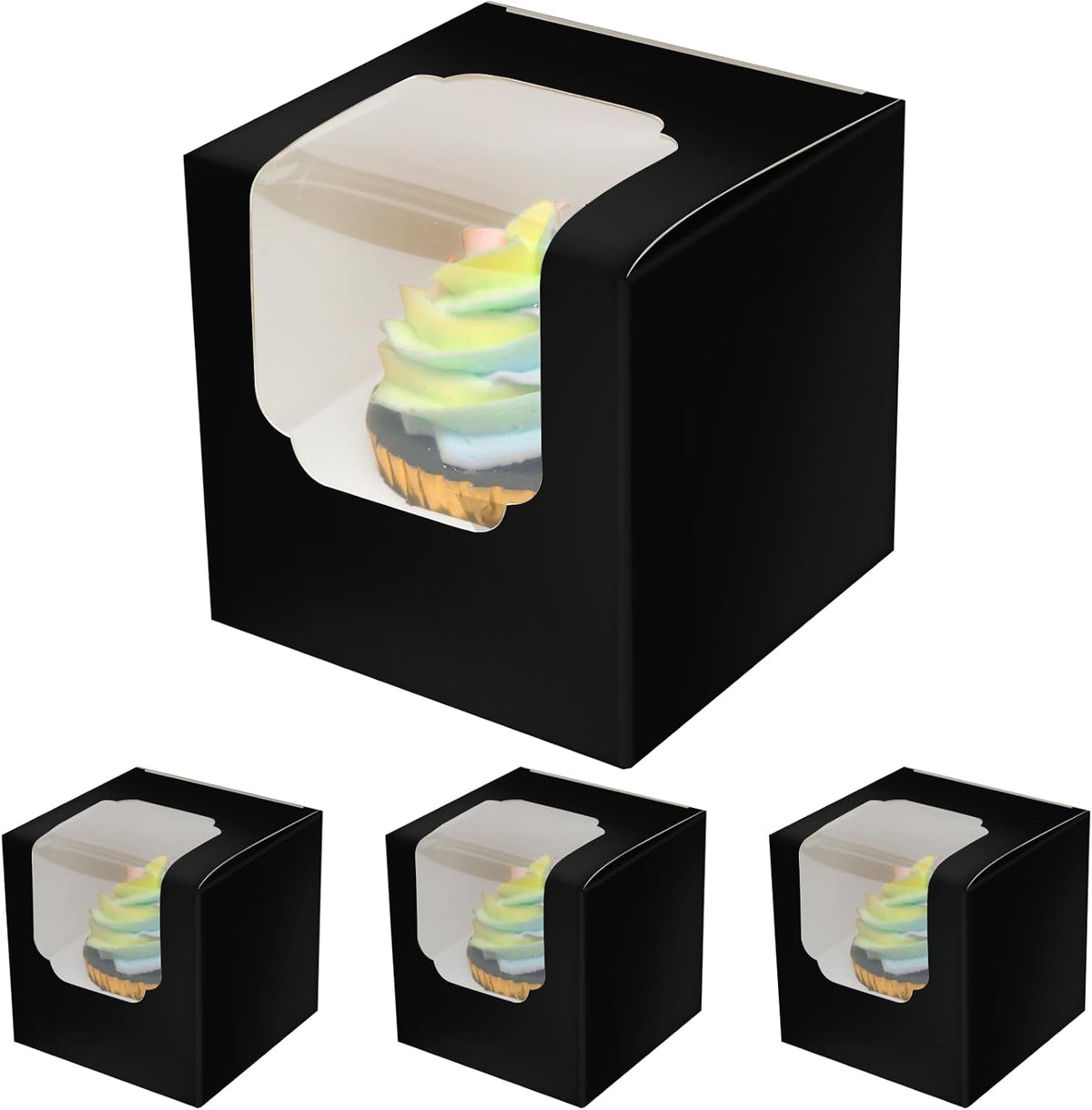 Cajas para cupcakes Qiqee negras, envases individuales para cupcakes, 100 unidades, 8,9 x 8,9 x 8,9 cm, con sistema de apertura automática (100 cajas + 100 insertos).