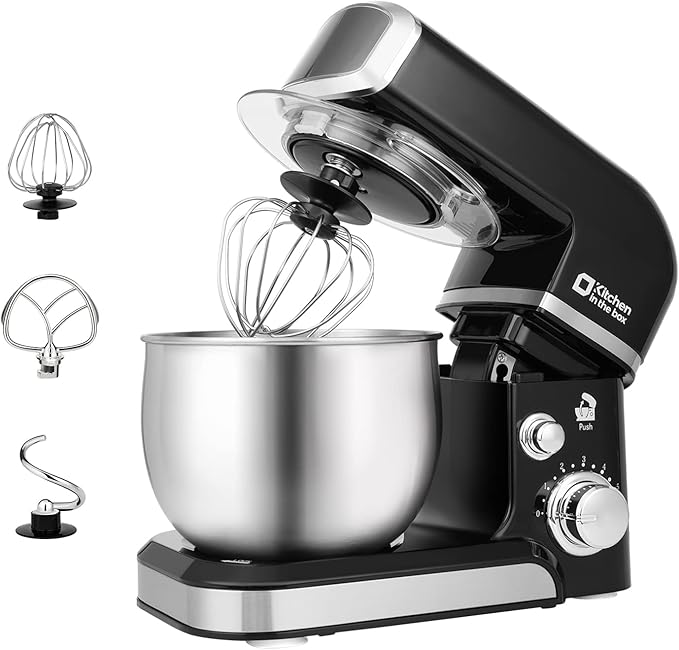 Kitchen in the Box Batidora de Pedestal Eléctrica 3.2Qt – 6 Velocidades, Ligera y Portátil, Incluye Batidor, Gancho y Paleta, Color Negro