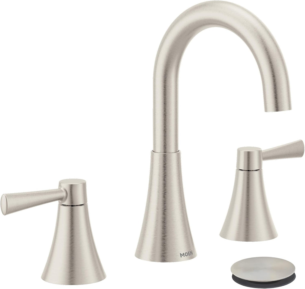 USADO-Grifo de lavabo de baño Moen 84023SRN Ronan de dos manijas, válvula incluida, acabado níquel cepillado resistente a las manchas, grifo moderno de 3 orificios con desagüe a presión.