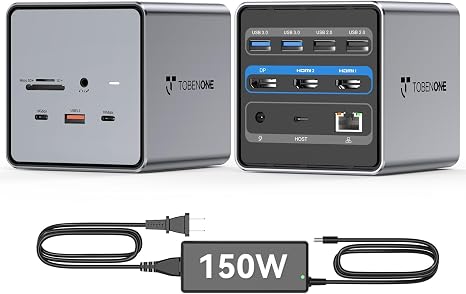 Estación de acoplamiento TobenONE USB C para monitores duales/triples con adaptador de corriente de 150W