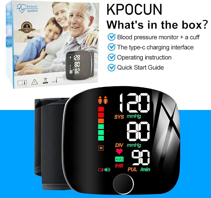 Monitor de presión arterial Máquina de muñeca automática Pantalla retroiluminada grande Detector de presión arterial con brazalete ajustable Transmisión de voz con estuche de transporte