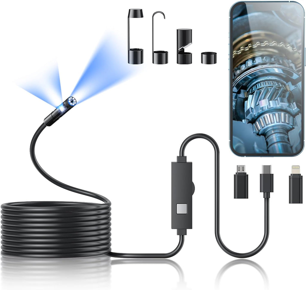 Cámara endoscópica con luz, boroscopio HD 1920P con 8 luces LED ajustables, cámara semirrígida tipo serpiente, boroscopio de inspección impermeable IP67 para iOS y Android, lente dual de 16.4 pies. 