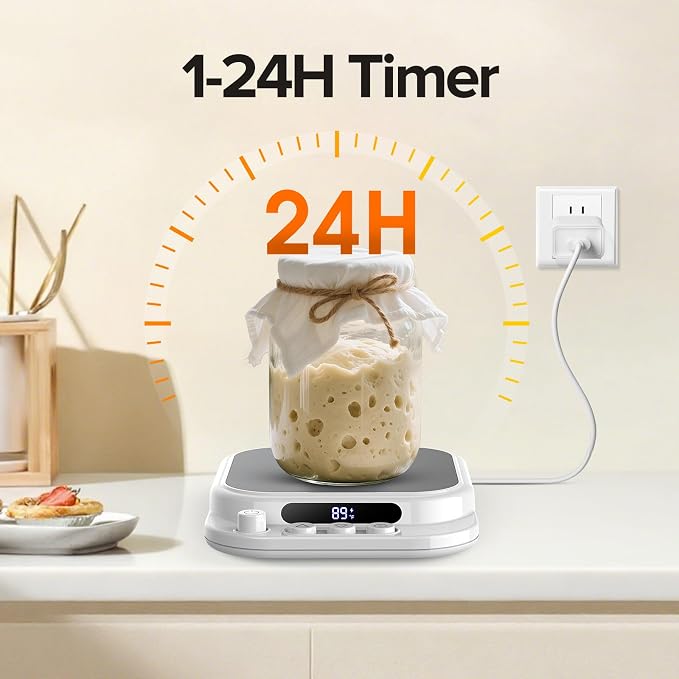 Calentador de masa madre, control preciso de temperatura de 1 °F (70-130 °F), temporizador de 24 horas, compatible con frascos de fondo plano/cóncavo para hornear en casa.