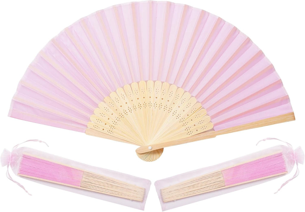 Sepwedd 50pcs pink Imitated Silk Fabric Bamboo Folded Hand Fan Bridal Dancing Props Church Wedding party favors with Organza Bags