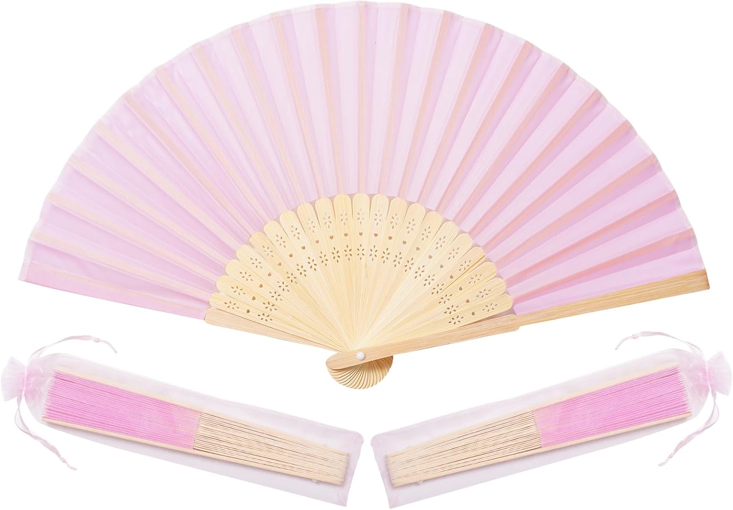 Sepwedd 50pcs pink Imitated Silk Fabric Bamboo Folded Hand Fan Bridal Dancing Props Church Wedding party favors with Organza Bags