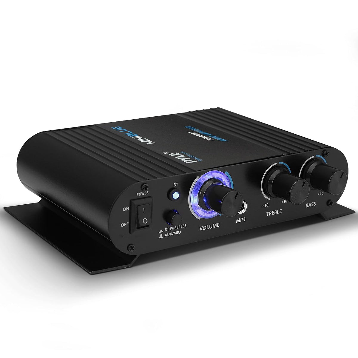 Amplificador de audio doméstico inalámbrico Bluetooth Pyle - Receptor de sonido estéreo portátil mini de doble canal de 90 W con selector de altavoces, RCA, AUX, LED, adaptador de 12 V - Para PA de smartphone, uso en estudio - PFA330BT