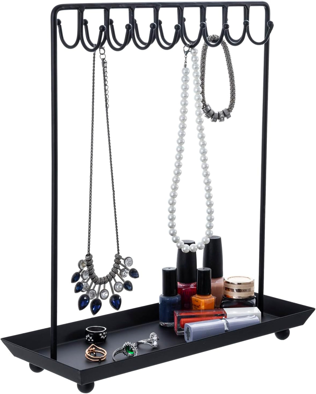 Organizador de Joyas MyGift Metal Negro – 20 Ganchos para Collares y Bandeja para Anillos