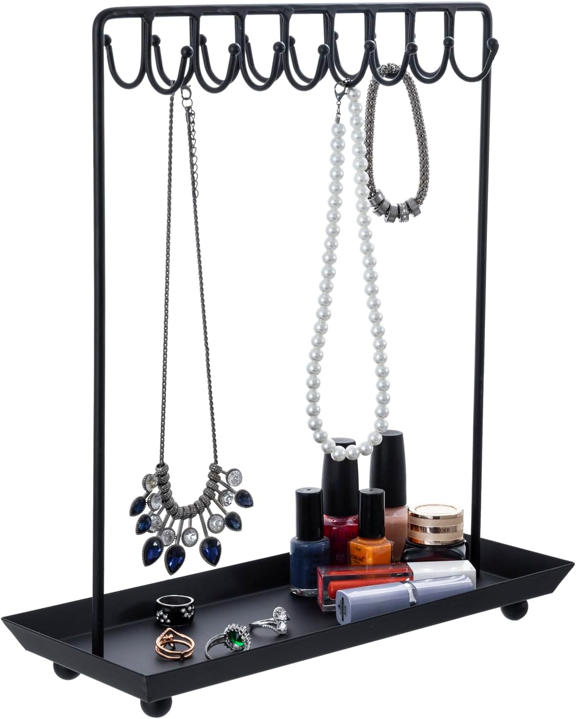 Organizador de Joyas MyGift Metal Negro – 20 Ganchos para Collares y Bandeja para Anillos