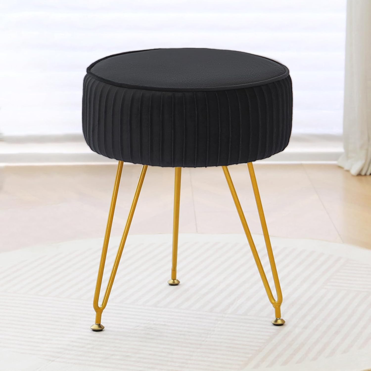 Taburete de Tocador en Terciopelo – Silla Redonda con Patas Metálicas Ajustables y Asiento Acolchado | Negro
