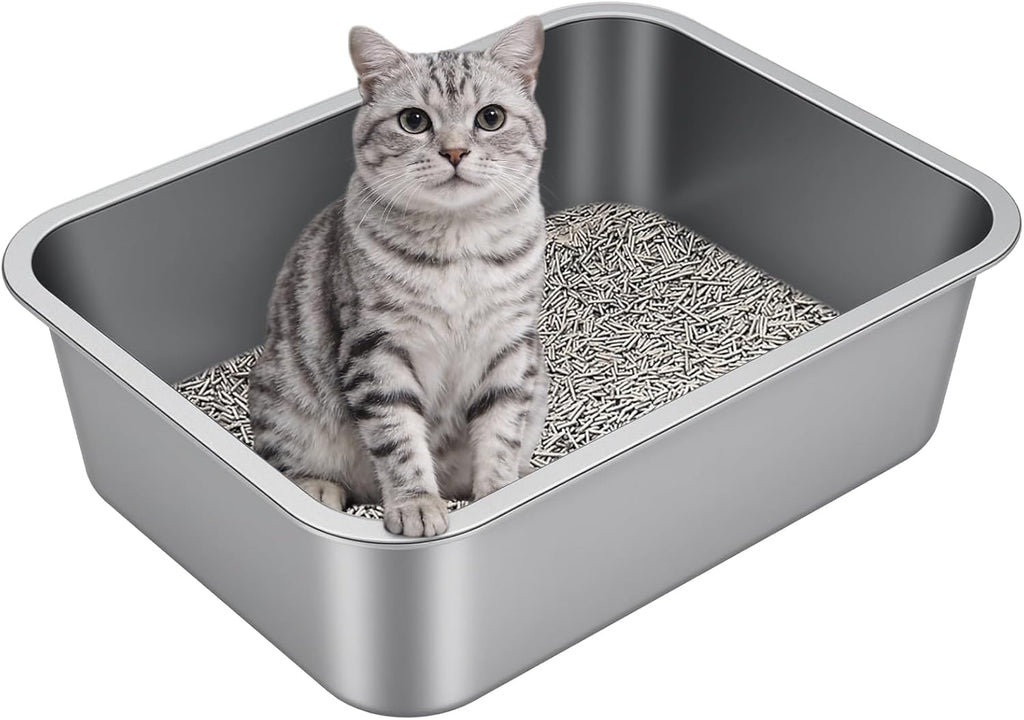 Arenero de acero inoxidable Idymere con bordes altos, arenero metálico para gatos, inodoro, antiadherente, fácil de limpiar, bandeja sanitaria para gatos de interior, gatitos o hogares con varios gatos.