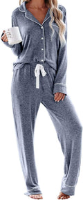 Aamikast Women's Two-piece Classic knit Pajama Sets Long Sleeve Button Down Sleepwear (L, Lake Blue)