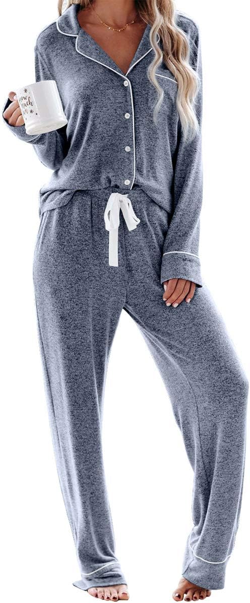Aamikast Women's Two-piece Classic knit Pajama Sets Long Sleeve Button Down Sleepwear (L, Lake Blue)