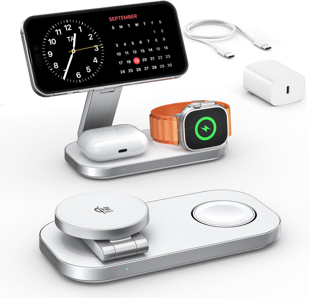 Estación de carga 3 en 1 para dispositivos Apple, cargador inalámbrico magnético plegable de 25 W con certificación Qi2, compatible con MagSafe para iPhone 17e/17/16/15/14/13/12/Air Series, Apple Watch y AirPods.
