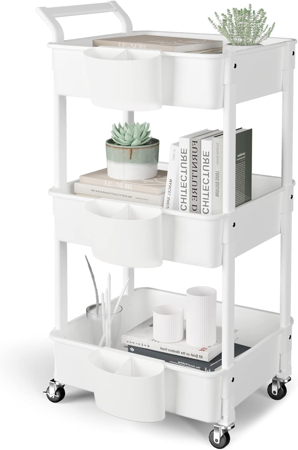 3-Tier Utility Rolling Cart - Mobile Storage Organizer with Lockable Wheels - 3 Hanging Baskets - 200 lbs Capacity - Easy Assembly - For Kitchen, Bathroom, Office, Workshop