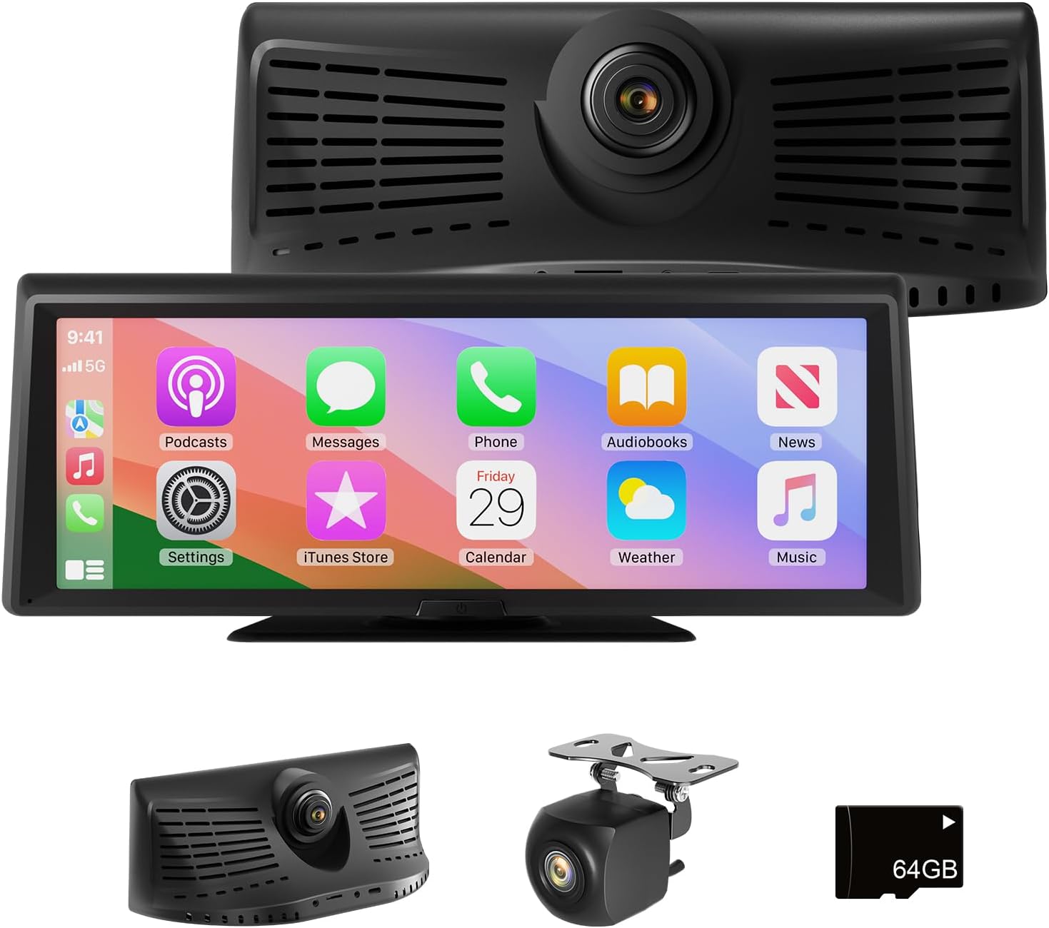 Estéreo Portátil Inalámbrico CarPlay 8.1" con Dash Cam 2K y Cámara de Respaldo 1080P