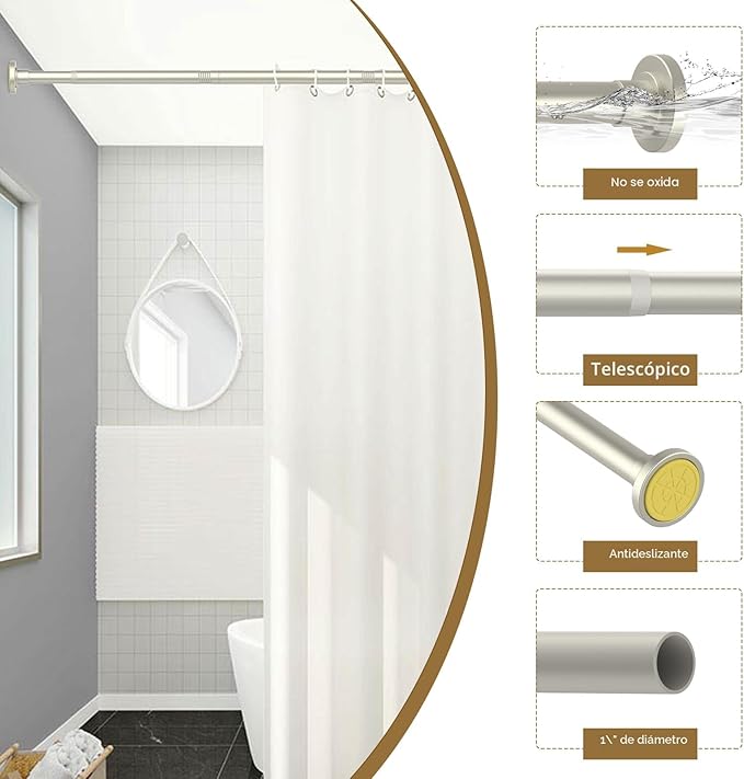 Barras de Cortina de Ducha de Níquel Cepillado - Barras de Cortina de Ducha de 31-80 Pulgadas con Resorte de Tensión para Baño, Ajustable, Sin Taladro, Sin Óxido, Acero Inoxidable