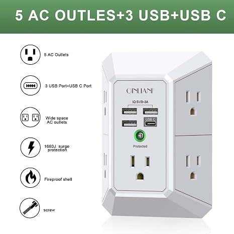 QINLIANF - Cargador de pared, protector de sobretensiones, extensor de 5 tomas de corriente con 4 puertos de carga USB (4.8 A en total) de 3 lados 1680J, adaptador de enchufe múltiple espaciado para