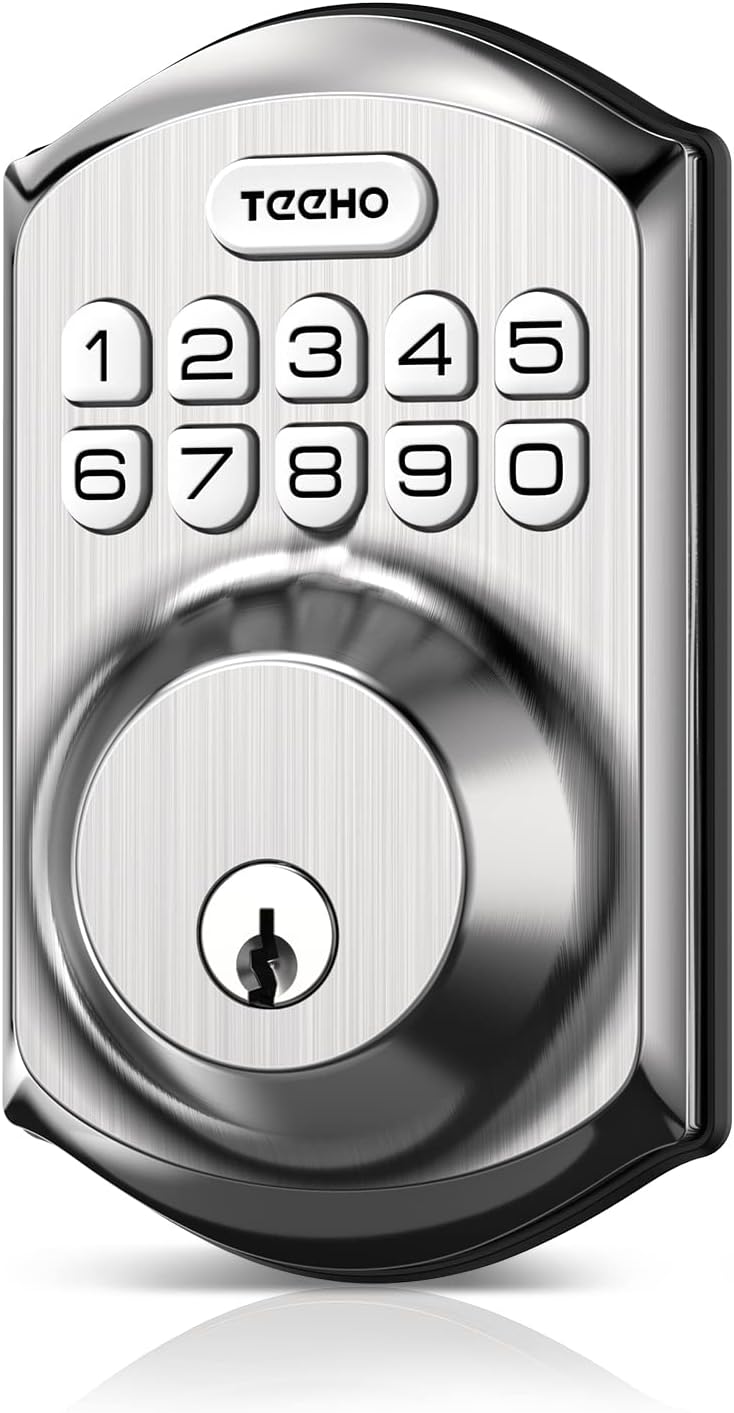 Cerradura de puerta sin llave TEEHO TE001 con teclado - Cerradura de seguridad inteligente para puerta principal con 2 llaves - Bloqueo automático - Fácil instalación - Níquel satinado