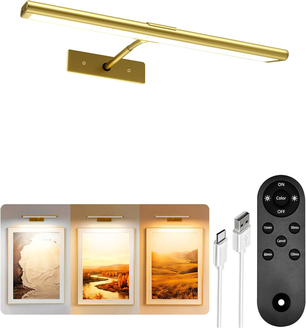 Lámpara LED para Cuadros EZVALO — Recargable, Inalámbrica, Control Remoto, Regulable, 3 Temperaturas de Color, Color Dorado