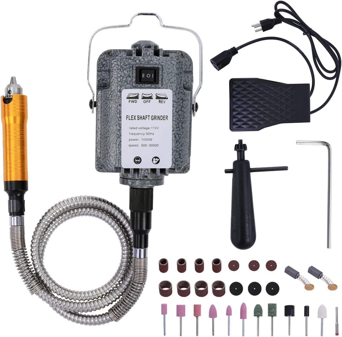 Herramienta Rotativa de Eje Flexible 1000W 30000RPM | Pedal de Control | Amoladora Colgante | Rotación Reversible | Kit Multifunción con Accesorios