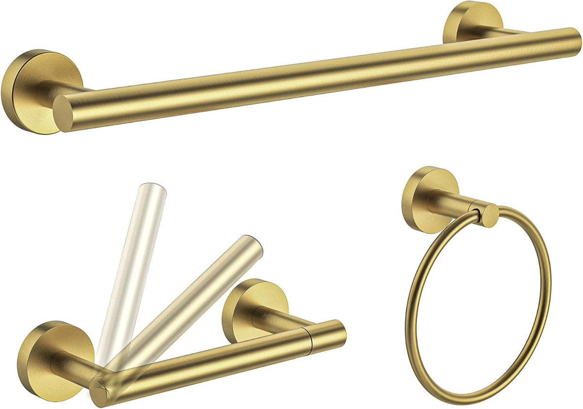 Conjunto Accesorios Baño RARXTR 3 Piezas Latón Cepillado, Portarrollo Papel Higiénico Anillo Toalla Barra Toalla SUS304 Acero Inoxidable