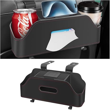 Organizador de Apoyo de Cabeza y Asiento Trasero con Portavasos, Caja de Almacenamiento Colgante Multifuncional con Ganchos, Bandeja para Bebidas, Snacks y Teléfono para Vehículos, Accesorios