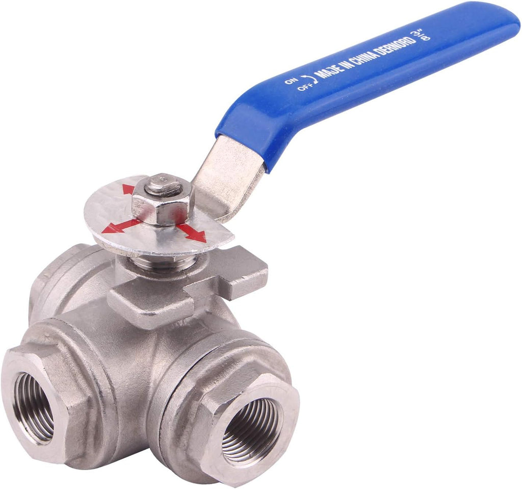 DERNORD Valvula de Bola 3 Vias | Montaje en T | Acero Inoxidable 304 Rosca Hembra | para Agua, Aceite y Gas | Manija de Vinilo con Seguro | 3/8 pulgadas NPT