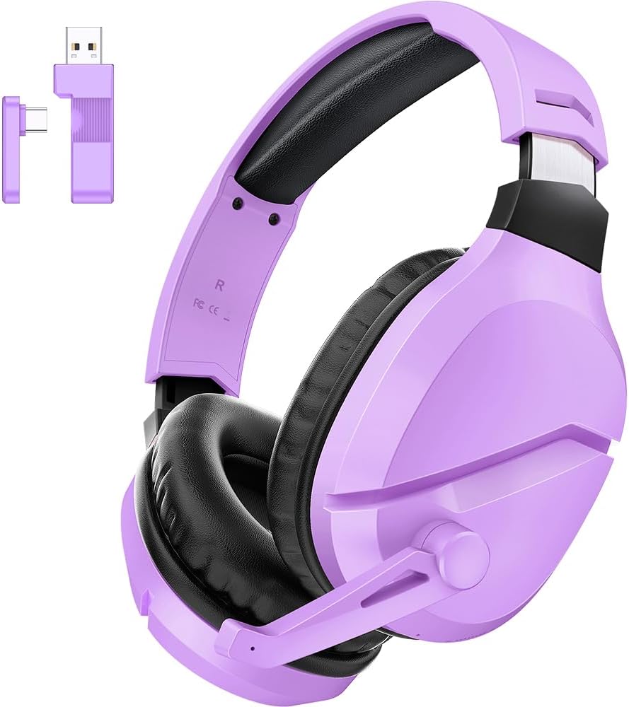 Auriculares inalámbricos para juegos WolfLawS con micrófono con cancelación de ruido para PS5, PC, PS4, auriculares para juegos 2.4G/Bluetooth con conector USB y tipo C, modo con cable para mando (morado)