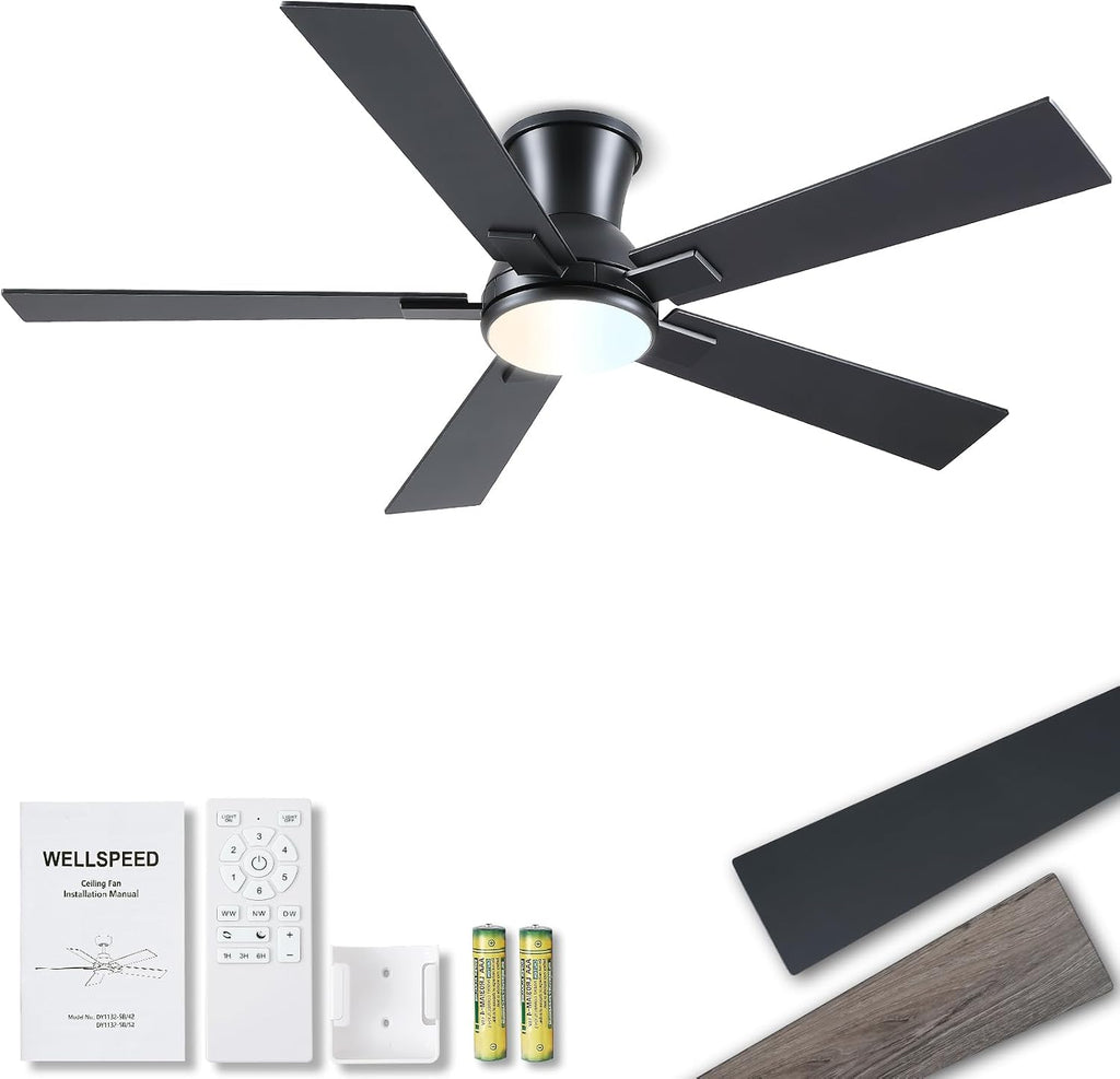Ventilador de Techo Montaje Embutido Negro 132cm con Luz, LED Regulable 3CCT, Control Remoto 6 Velocidades, Motor Reversible, Perfil Bajo Silencioso Eficiente en Energía para Dormitorio y Sala, Certificado ETL