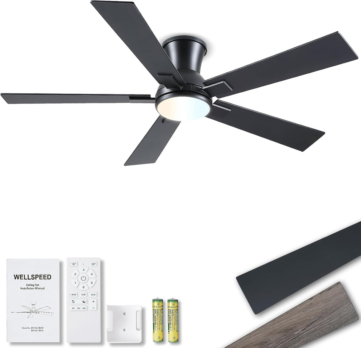 Ventilador de Techo Montaje Embutido Negro 132cm con Luz, LED Regulable 3CCT, Control Remoto 6 Velocidades, Motor Reversible, Perfil Bajo Silencioso Eficiente en Energía para Dormitorio y Sala, Certificado ETL