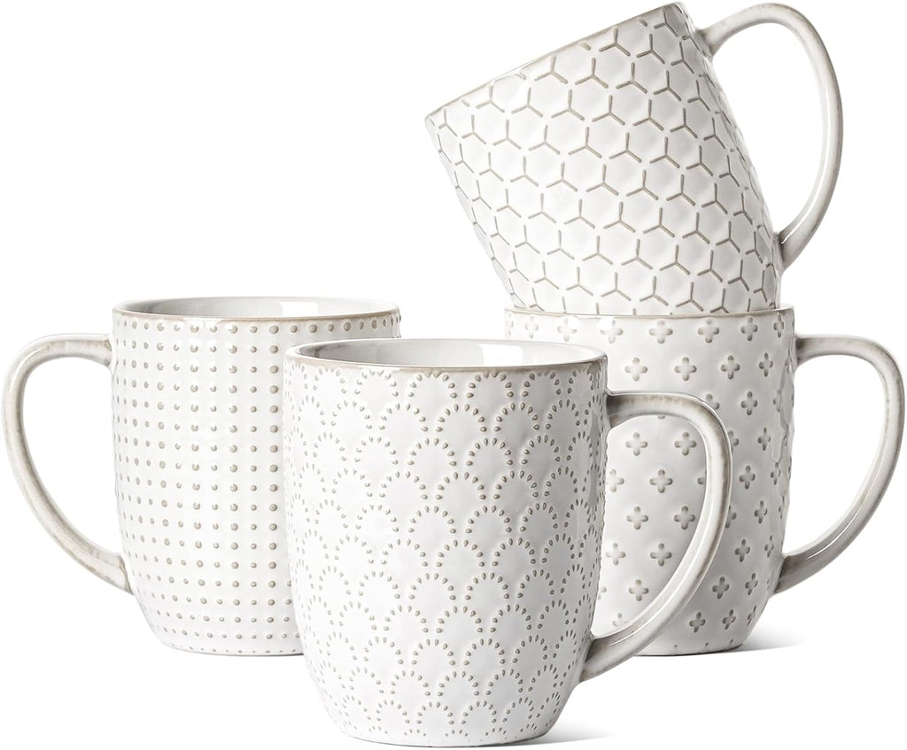 Tazas de café LE TAUCI de 473 ml, juego de tazas de cerámica, tazas con relieve para latte, té caliente, capuchino, moca, cacao, aptas para lavavajillas, ideales para inauguraciones de casas o bodas - 9,6 cm, juego de 4, blanco ártico