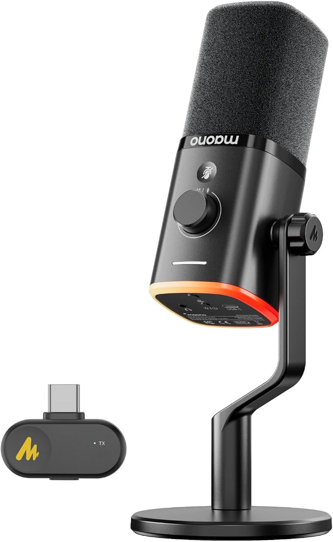 MAONO - Micrófono dinámico USB inalámbrico PD100W, micrófono de PC para juegos con reducción de ruido de un solo clic, botón de silencio, RGB personalizado, conector de auriculares de 0.138 in