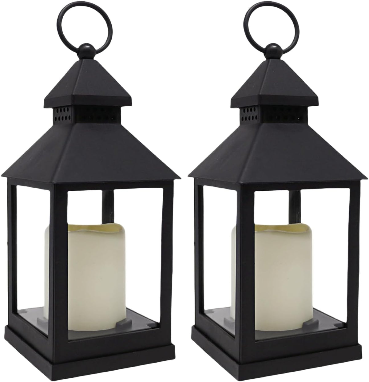 BAIRAYEN Paquete de 2 faroles de vela de 26 cm (10,2 pulgadas) Faroles colgantes decorativos para interiores con vela LED de luz cálida parpadeante, temporizador de 6 horas, color negro. Farol de vela a pilas. Centro de mesa, repisa, decoración del hogar.