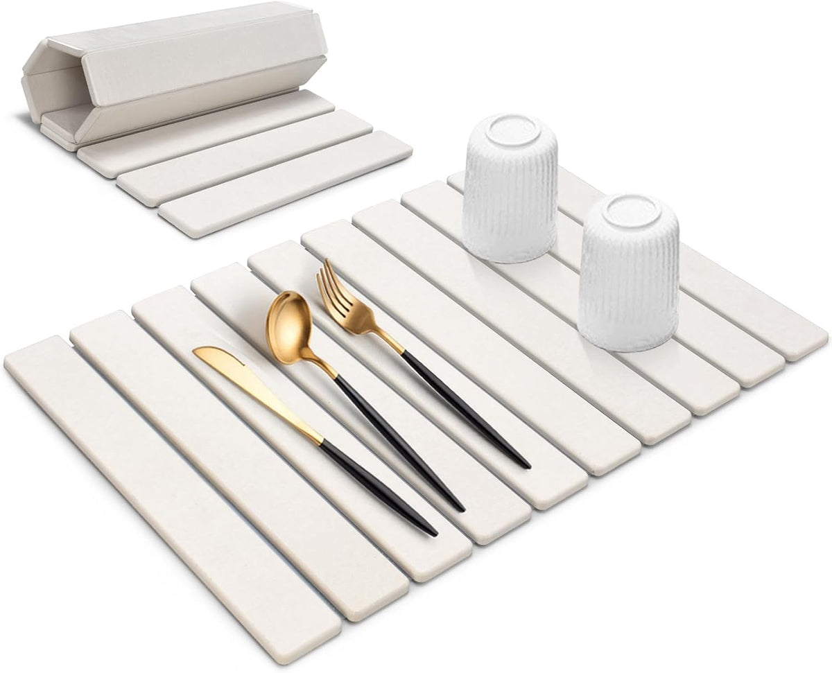 Tapete grande de piedra para secar platos, ideal para encimeras de cocina, 61 cm (largo) x 41 cm (ancho), plegable y de secado rápido, fabricado con tierra de diatomeas ultra absorbente para platos, botellas y tazas. Combina con cualquier encimera.