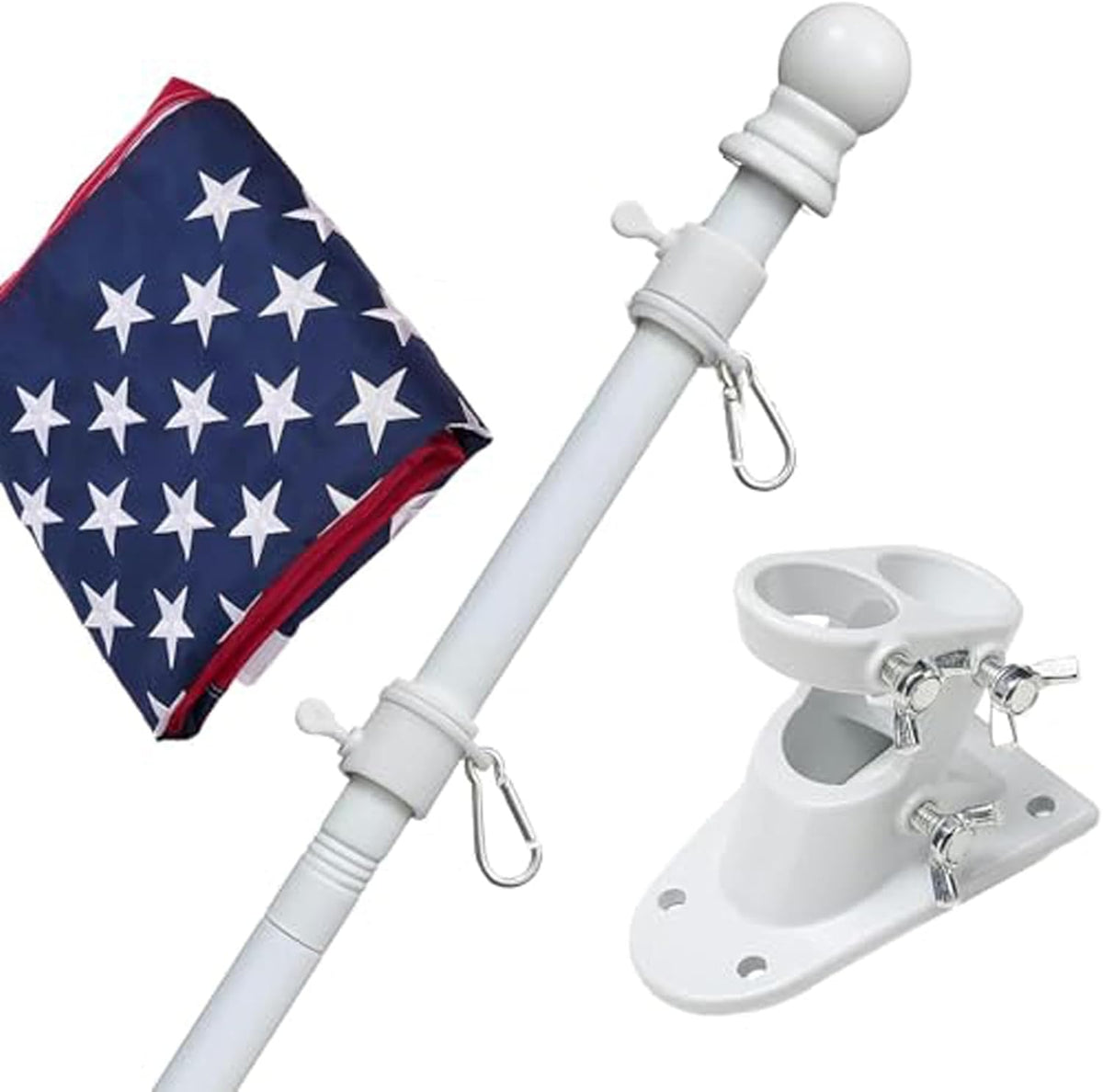 Kit de Asta de Bandera con Bandera Americana 3x5 - Incluye Asta de Bandera de Servicio Pesado 1.5 Metros sin Enredos, Bandera USA 3x5 Bordada, Soporte de Montaje de Aluminio, Astales Metálicas para Exterior Casa, Porche (Blanco)
