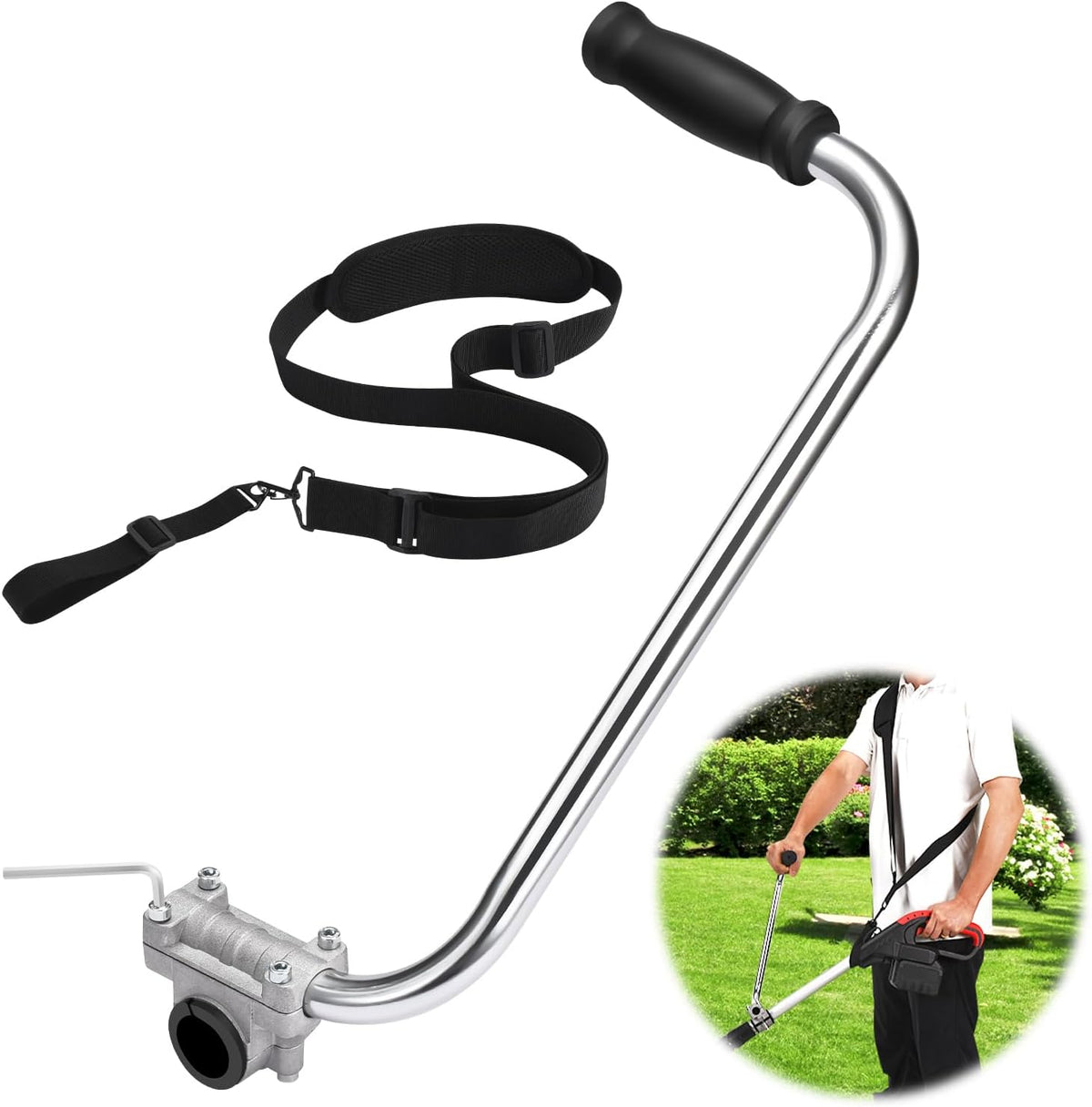 Empuñadura ergonómica para desbrozadora, mango para desbrozadora con arnés de hombro, extensión de mango para desbrozadora con abrazadera de soporte, empuñadura para desbrozadora para el cuidado del césped, paisajismo y bordes de jardines.