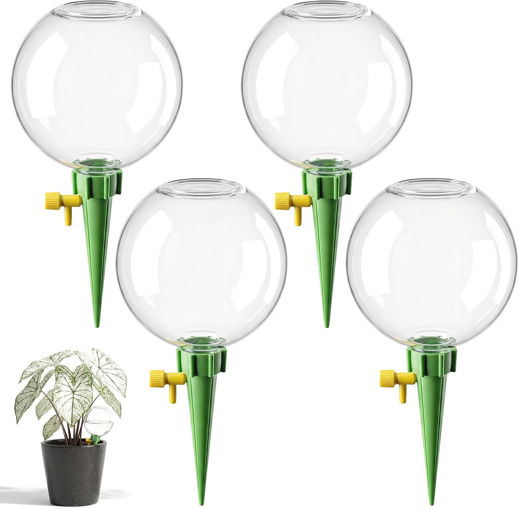 Paquete de 4 globos de autorriego de 500 ml con tapas: bombillas de riego automático para plantas, estacas de riego de liberación lenta para plantas en macetas de interior/exterior, sistema de riego para vacaciones, llenado superior, se adapta a la