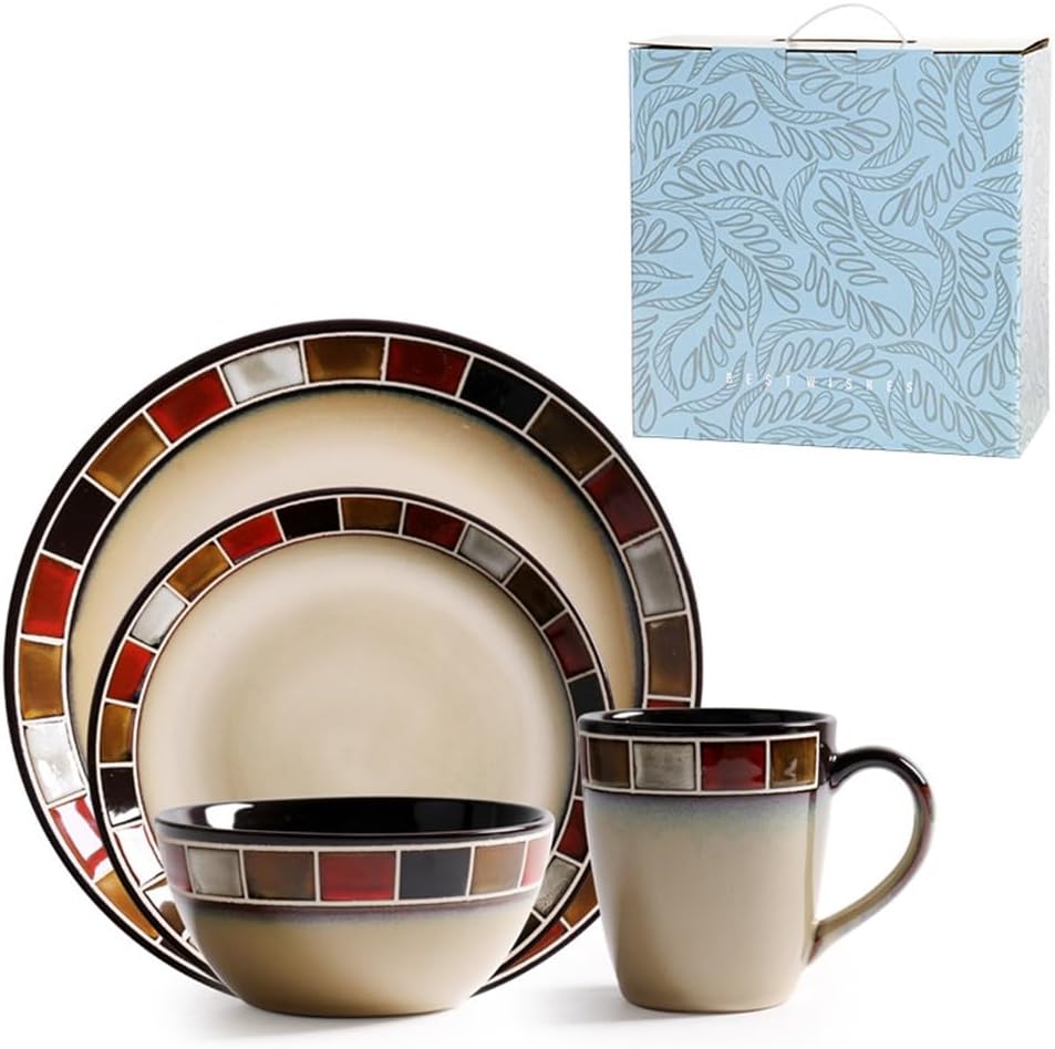 Juego de vajilla de cerámica de 4 piezas: plato, tazón y taza de porcelana para cocina. Idea de regalo única. Vajilla resistente a arañazos, apta para lavavajillas y microondas. Color rojo. 