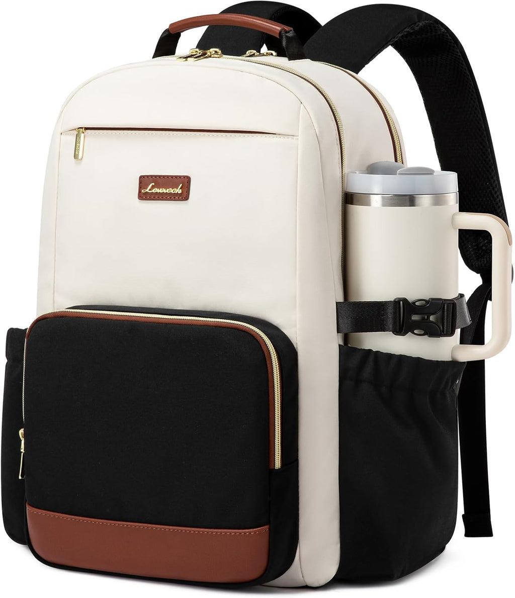 NO INCLUYE TERMO. Mochila para Laptop LOVEVOOK para Mujer | Bolsillo para Vaso de Gran Capacidad | Para Laptop de 18 Pulgadas | Impermeable | Beige-Negro-Café