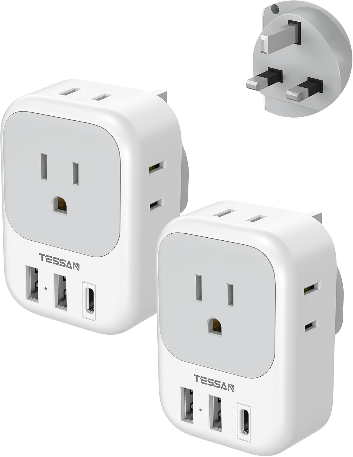 Adaptadores de viaje para Reino Unido (paquete de 2), adaptador de enchufe TESSAN tipo G de EE. UU. a Reino Unido con 4 tomas, 3 cargadores USB (1 USB C PD de 20 W), adaptador de corriente para EE. a Irlanda, Escocia, Dubái, Hong Kong, Inglaterra