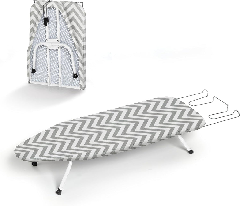 RAINHOL Tabla de Planchar Plegable para Espacios Pequenos | Mini Tabla Compacta | Con Gancho y Soporte para Plancha | Funda 100% Algodon Resistente al Calor | 31x12 Pulgadas | Rayas Gris y Blanco